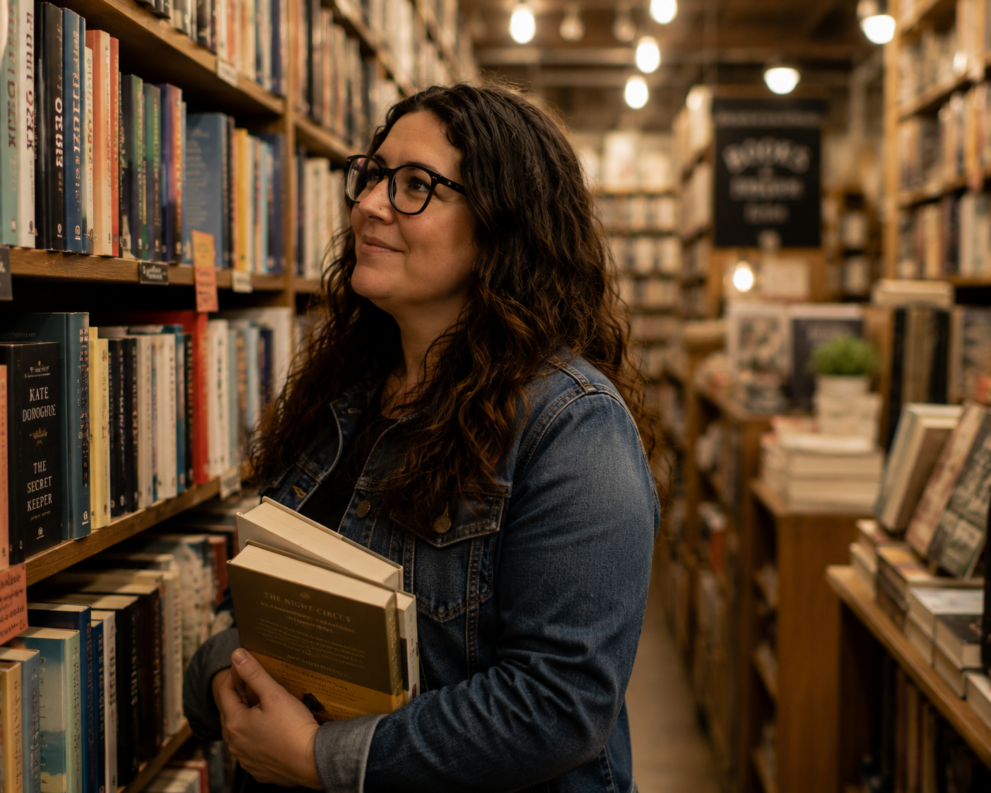 Christina Carlsen in a small bookstore, looking at a shelf of children's books.